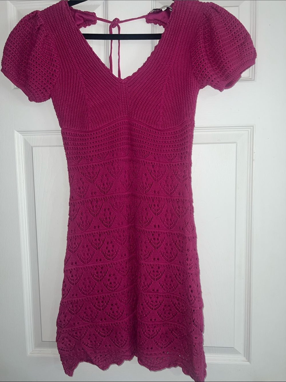 Magenta Crochet V-Neck Mini Dress with Puff Sleeves